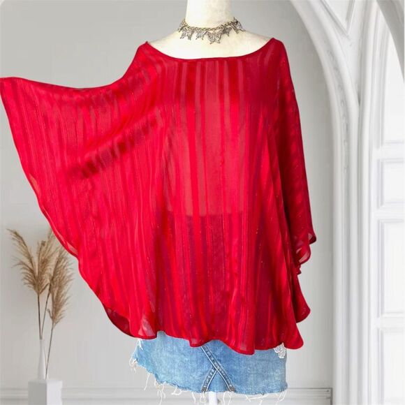 Plus Size Whimsygoth Bat Sleeve Shawl Poncho Sleeveless Flowy Top Red Glitter 2X - Picture 1 of 7